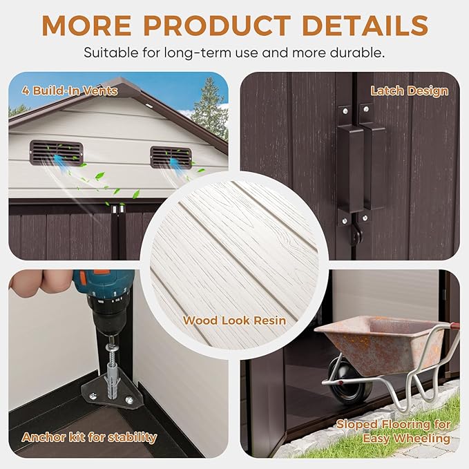 CDCASA Outdoor Storage Shed 8x8 FT, Waterproof Resin Garden Sheds Plastic Patio Outdoor Outside Storage with Floor, Adjustable Openable Windows, Lockable Door for Tool, Bike, Garbage Can