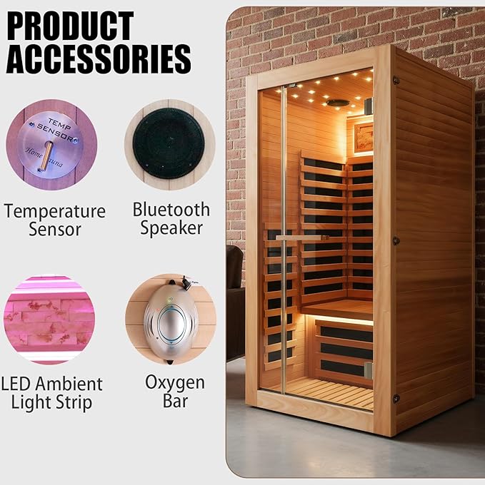 RIGO Single-Person Infrared Sauna Cabin, 1350W okoumé Wood Home Sauna Cabin 35.43×35.43×70.87 inches, Featuring a Starry Sky Light with Colour-Changing LED Strip Lighting, Indoor Personal Sauna spa.