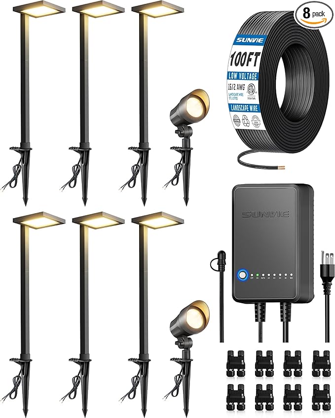 SUNVIE All-in-ONE Landscape Lighting Kit 6-Pack Anti-glare LED Pathway Lights, 2-Pack Spotlights, 60W Transformer, 100FT 16/2 AWG Wire and Connectors Outdoor Landscape Lighting for Walkway Garden Yard