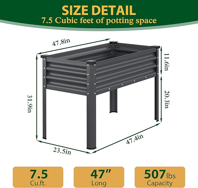Galvanized Raised Garden Bed with Legs, 48" W x 24" D x 32" H Large Metal Elevated Raised Planter Box with Drainage Gaps for Backyard, Patio, Balcony, 507lbs Capacity, Grey