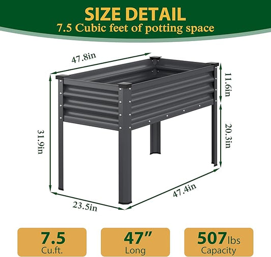 Galvanized Raised Garden Bed with Legs, 48" W x 24" D x 32" H Large Metal Elevated Raised Planter Box with Drainage Gaps for Backyard, Patio, Balcony, 507lbs Capacity, Grey
