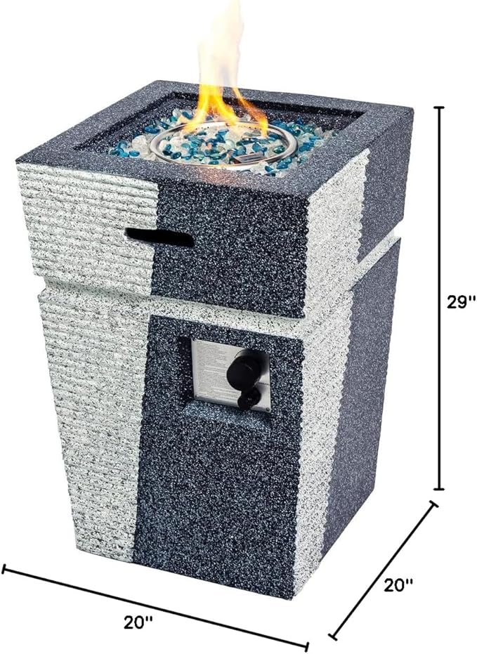 20" Outdoor Propane Gas Fire Pit Table, 40,000 BTU Auto-Ignition Concrete Gas Firepit, Magnesium Oxide Cylinder Design, Side Handles and Cover, Mix Color Glass Rocks