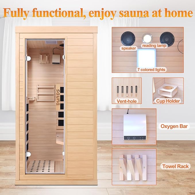 Far Infrared Sauna Room for Home Use - 1350W Natural Hemlock Indoor Personal Wooden Personal Dry Sauna with Rapid Heating, Perfect for Athletes, Busy Professionals & Arthritis Sufferers