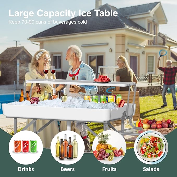 IWDOO Two Tier Ice Cooler Table with Foldable Extension Stand, 4 Foot Outdoor Ice Table with Matching Skirt & Drain Hose, Folding Cooler Server with Metal Shelf for Party, BBQ, Camping Picnic, White