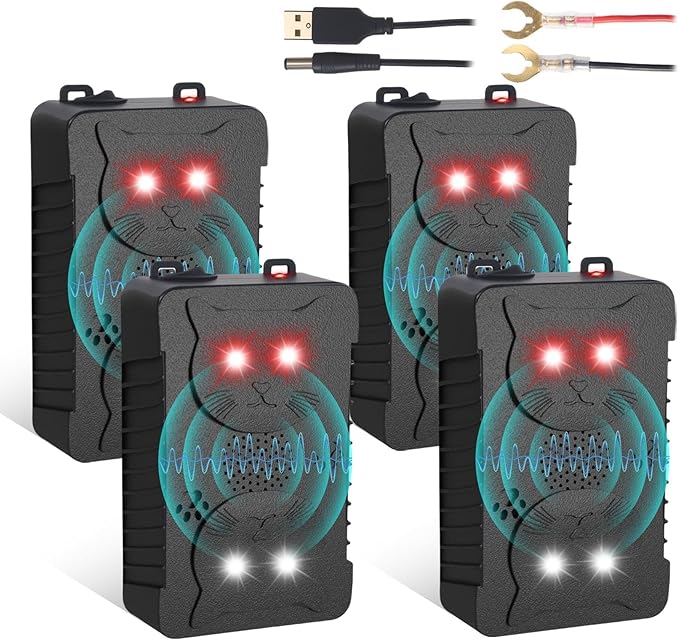 Rodent Repellent for Car Engines, 4Packs Power Supply Rat Deterrent for Car Engines, Ultrasonic Mouse Repeller with Strobe Light, Under Hood Rodent Repellent Keeps Rats Away from Vehicle Car