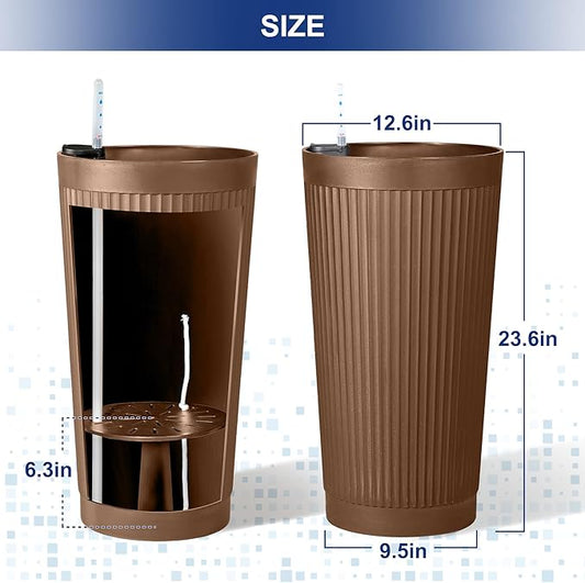 FENCY 2Pack 24IN Self Watering Planter for Indoor Plants, Plastic Large Planter for Outdoor Plants, Water Level Indicator& Spacious Reservoir Flower Planter Decorative(Brown)
