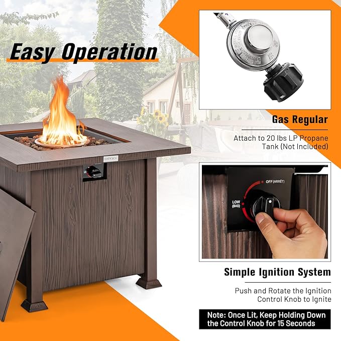 Tangkula 32 Inches Propane Fire Pit, Patiojoy 50,000 BTU Gas Fire Pit Table with Lid, Lava Rocks, Protective Cover, 2-in-1 Outdoor Fire Table with Adjustable Flame, Stainless Steel Burner (Brown)