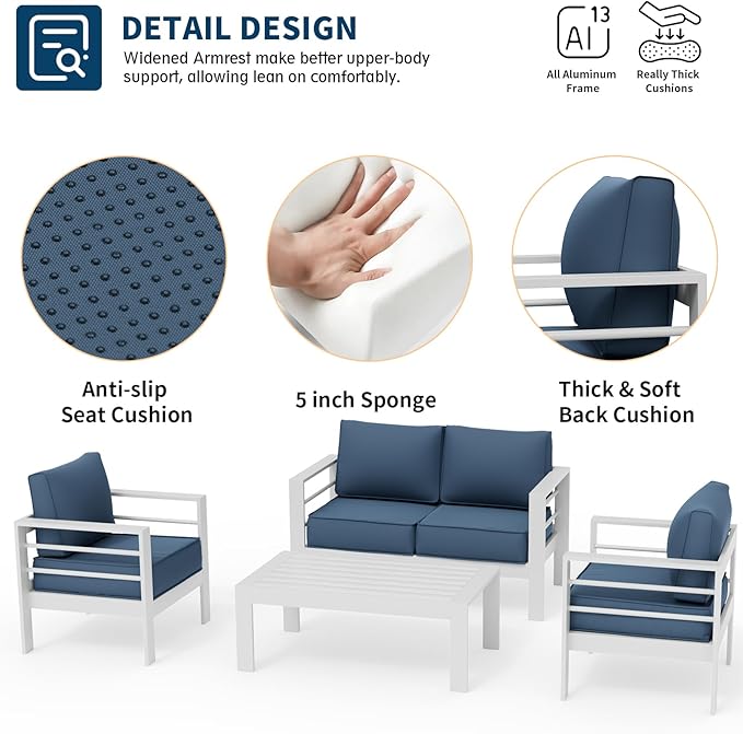 UDPATIO Aluminum Patio Furniture Set Oversize Outdoor Seating Set for Balcony(Include Waterproof Sofa Cover)