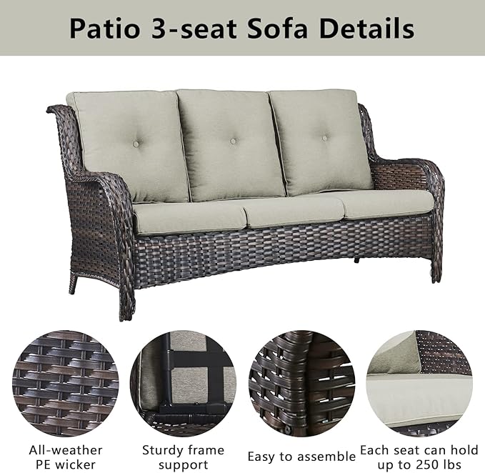 Belord Wicker Patio Furniture Sets - 8 Piece Outdoor Rattan Furniture Conversation Sets with 4 Swivel Rocker Chairs, Rattan Sofa, Wicker Ottomans and Coffee Table, Brown/Beige
