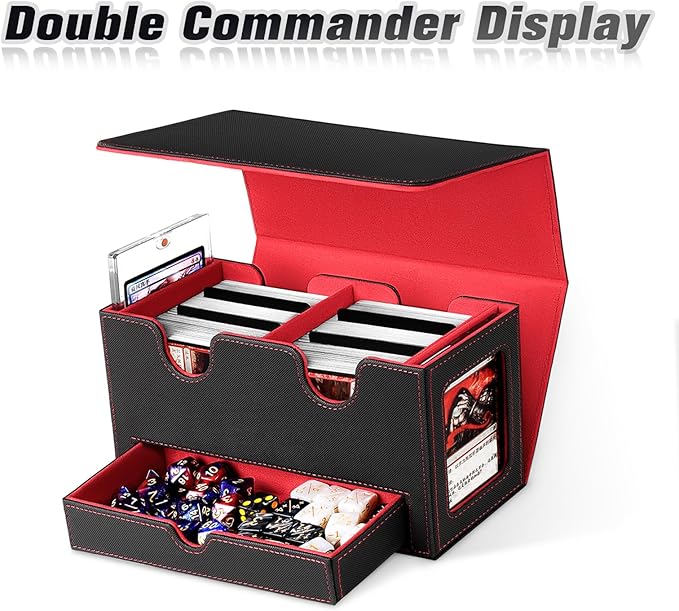 MTG Deck Box with 2 Commander Display,Commder Deck Box Fits 310+ Cards，with Dice Tray,Leather Magnetic,Fits for TCG CCG Magic Cards (Black Red)