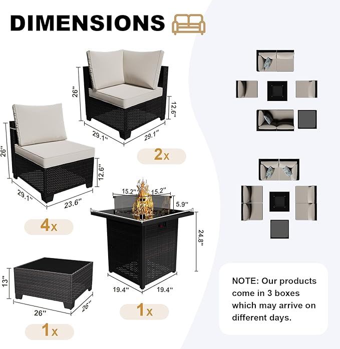 Patio Furniture Set with Fire Pit Table, 8-Piece Outdoor Furniture Sofa Set with Thick Cushions, Wicker Sectional Sofa for Porch Garden Backyard, Brown/Beige