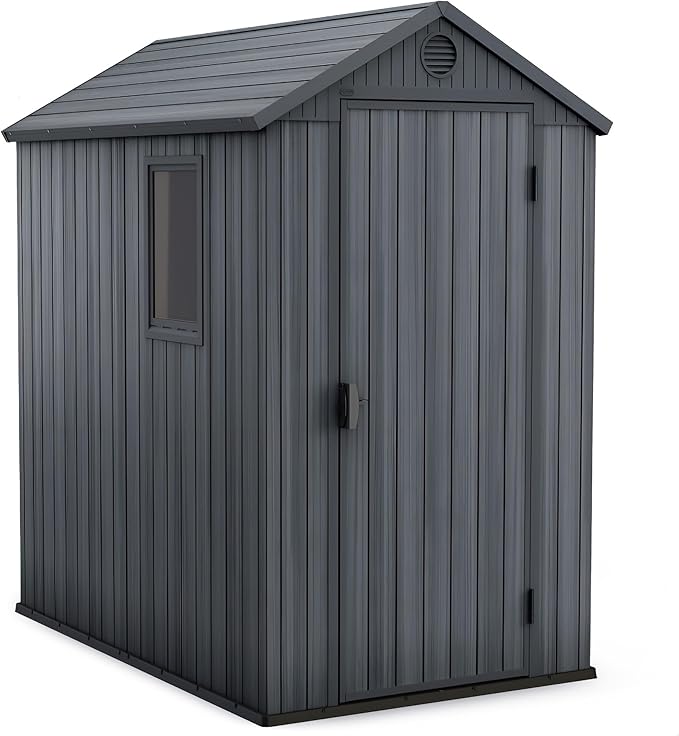 Keter Darwin 4x6 Feet Outdoor Storage Shed, Graphite Gray – Lockable Resin Organizer Unit with Single Door, Window, and Skylight for Backyard, Garden, or Lawn Organization