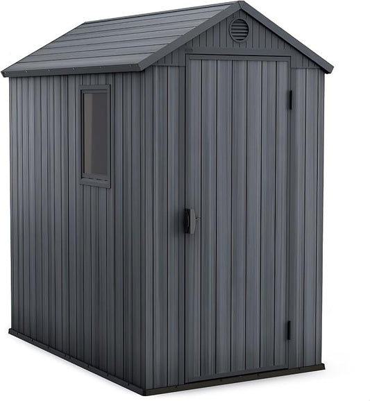 Keter Darwin 4x6 Feet Outdoor Storage Shed, Graphite Gray – Lockable Resin Organizer Unit with Single Door, Window, and Skylight for Backyard, Garden, or Lawn Organization