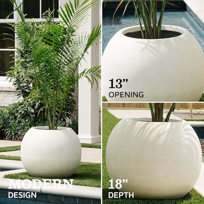 Ash & Ember 24" Round Sphere Satin Ivory Planter, 46 Gallon Lightweight Fiberstone Composite with Weather-Resistant Finish, Modern Planter Pot for Indoor and Outdoor Plants