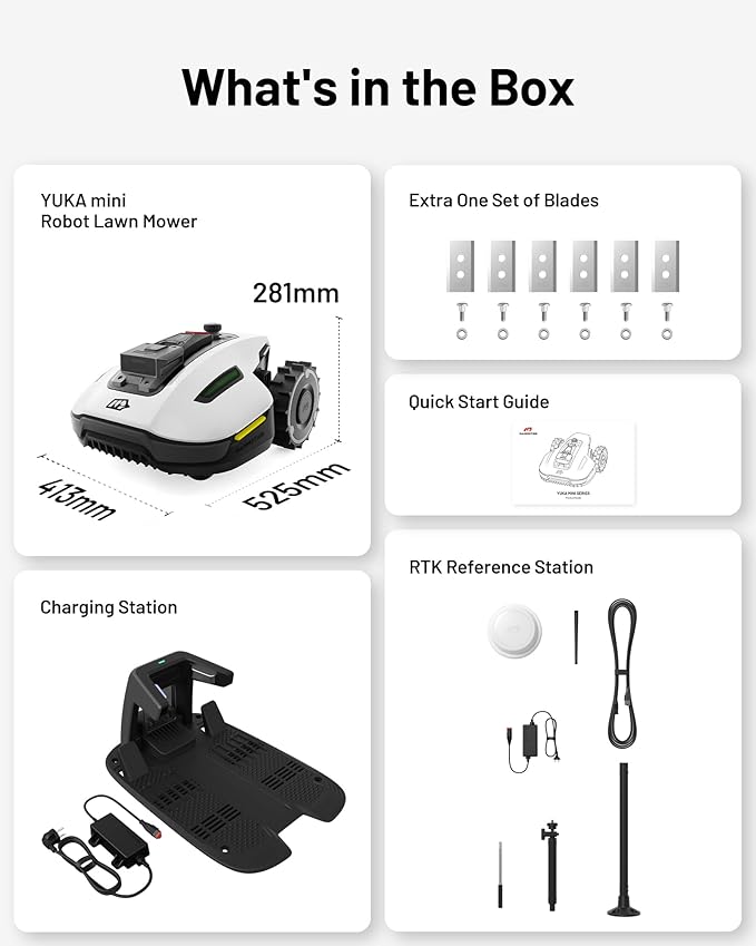 Mammotion YUKA Mini 500H Robotic Lawn Mower Reception 0.12 Acre,Max. 0.25 Acre, Ultrasense AI Vision+ RTK Positioning, Auto Mapping, App Control, 50% Slope, Cutting Height 2''~3.5'', 15 Mowing Zones