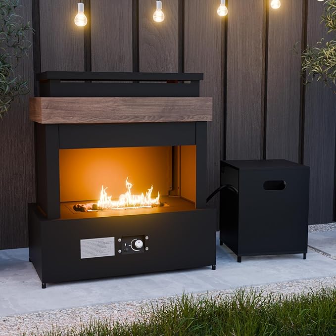 35'' Outdoor Propane Fireplace with Tank Storage, CSA Certified 50,000 BTU Patio Firepit with Dust Cover for Garden, Backyard and Balcony, Gray/Beige