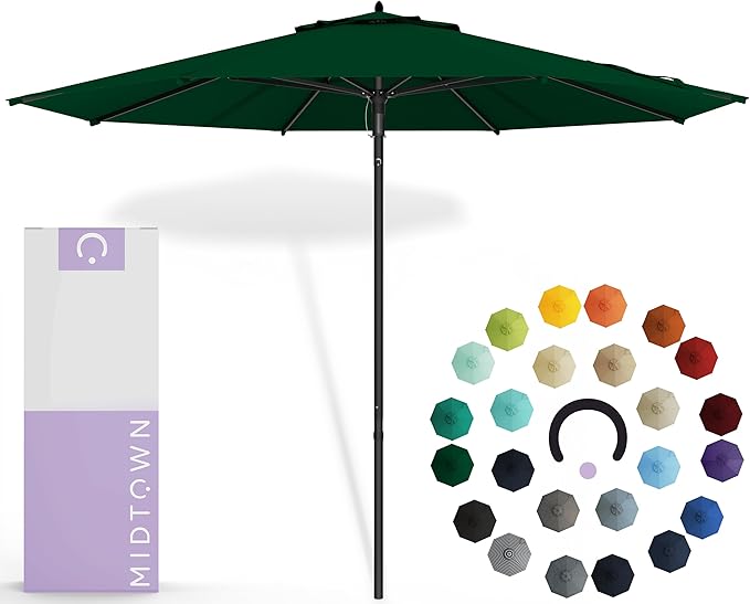 Midtown Umbrellas Push Pop Sunbrella Umbrella 10 Feet Large Outdoor Umbrella With Forest Green Fabric - Deck Patio Umbrella, Backyard Umbrella, Garden Umbrella & Pool Umbrella - Black Pole