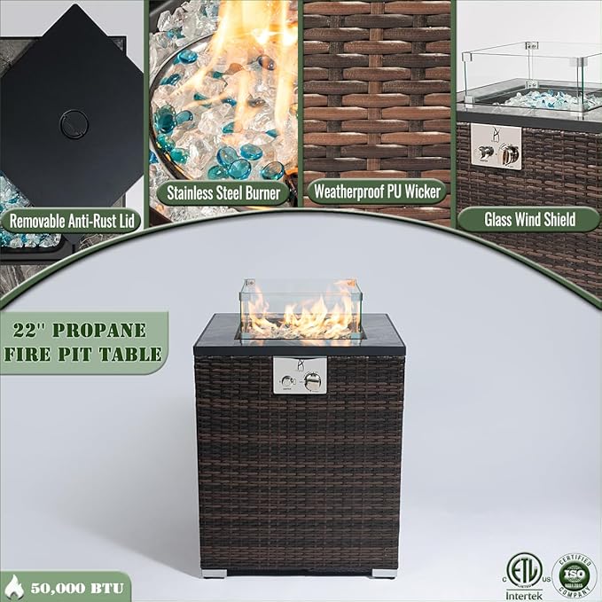 Propane Fire Pit Table, 22 Inch Wicker Firepits for Outside, Square Gas Fire Pit for Outside Patio, Propane Fire Table for Patio, Backyard, Pool, 40,000 BTU, Tank Inside, Dark Brown