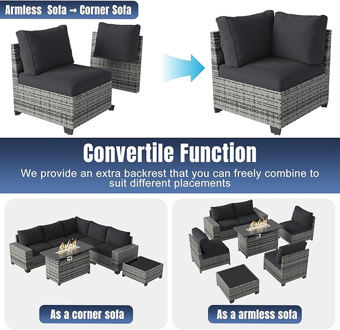 Aoxun 7 Pieces Patio Furniture Set with 44” Fire Pit Table Wicker Rattan Outdoor Sectional Conversation Set with Coffee Table and 4” Thickened Cushions, Gray/Black(Waterproof Cover Included)