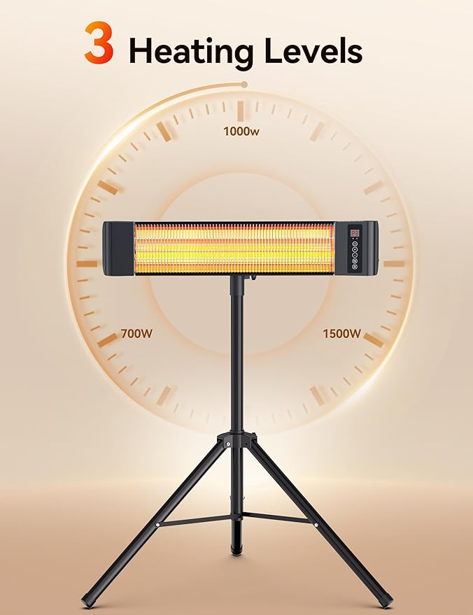 VAGKRI Outdoor Heaters, 1s Heating Electric Infrared Patio Heaters with Remote, IP65 Waterproof, 12H Timer, 3 Heat Levels, Electric Wall Heaters with Tripod Stand for Home, Office, Patio and Garage