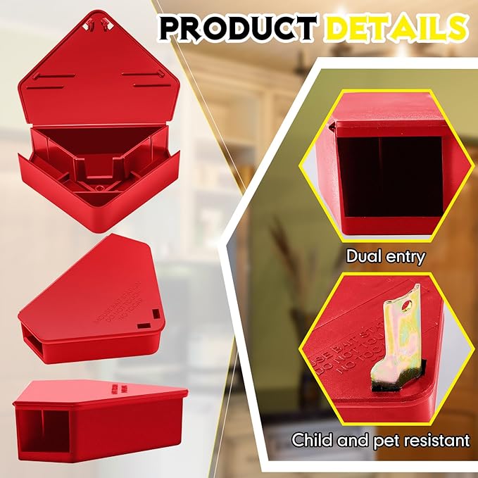 Qualirey 12 Pcs Mice Station with Key Triangle Bait Station Reusable Rodent Trap Bait Box, Keeps Children and Pets Safe Indoor & Outdoor, Bait Not Included, Suitable for Small Mice (Red)