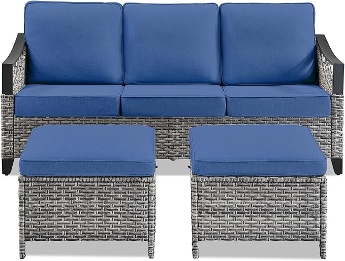 Outdoor Patio Furniture Sofa Set - 3 Pieces PE Wicker Patio Furniture Section Couch with Multifunctional Ottoman, All Weather Patio Conversation Set for Deck Balcony Garden Gray/Blue