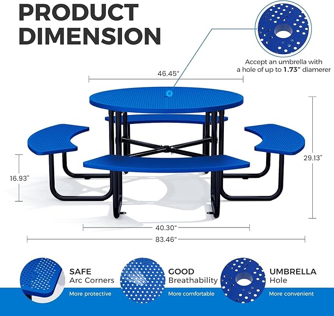 KUFUH 46" Coated Round Metal Picnic Table for 4-8 Person, Durable Heavy Duty Commercial Picnic Table with Umbrella Hole for Outdoor Coffee Shop, School, Easy to Install, Blue