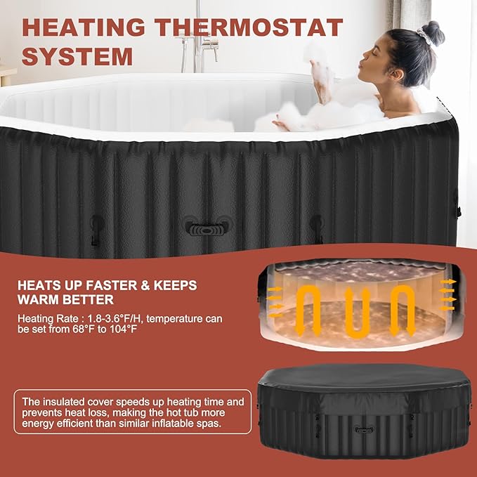 LILYPELLE 4-6 Person Inflatable Hot Tub, Large Octagonal Portable Hot Tub with 130 Bubble Jets, Outdoor Spa Bathtub Set Included Heater Pump, Filter and Insulated Cover, 77" X 77" X 25"