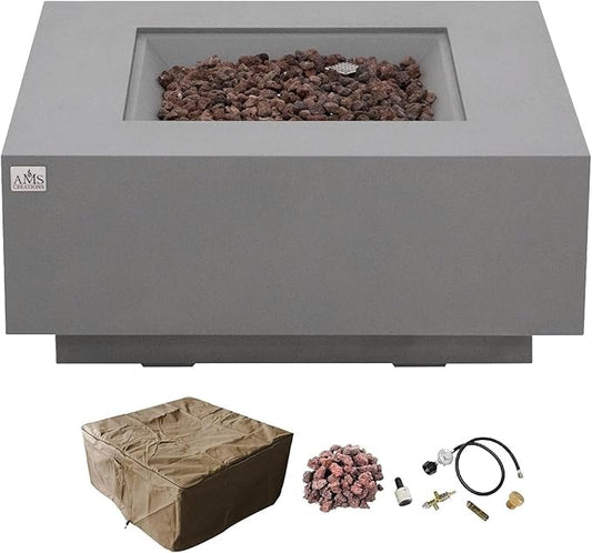 AMS Creations | Brooklyn 40" Square Propane Gas Outdoor Fire Pit Table | Light Gray Concrete GFRC Smooth Texture Surface Fire Pit Table