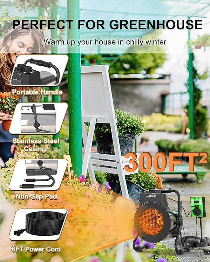 Greenhouse Heater with Digital Thermostat, 1500W Outdoor Heaters for Patio, Electric Space Heater for Patio, Garage, Greenhouse, Flower House, Silver