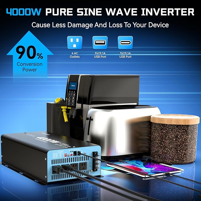 New 24V 4000 Watts Pure Sine Wave Inverter, 24V DC to 110V AC Power Inverter with 4 AC Outlets, USB Port, Type-C Port for Truck, Vehicle, Power Outage, Remote Control with LCD Screen