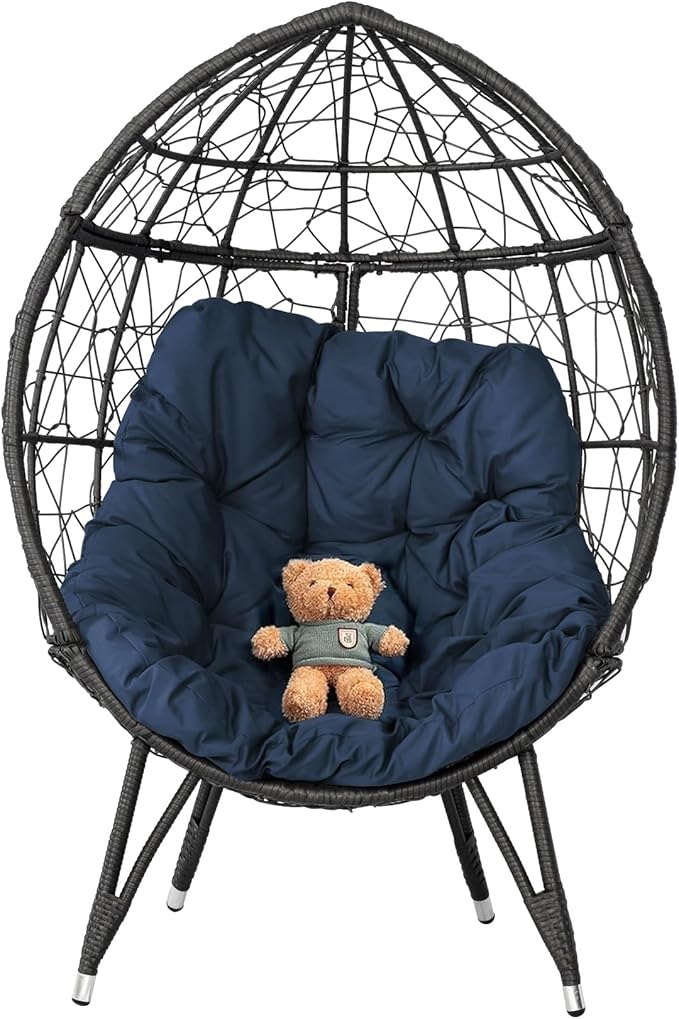 Outdoor Egg Chair, Part of Patio Conversation Set, All-Weather Wicker Lounge Chair with Thick Cushions, Single Seat for Balcony, Garden, Porch, Blue