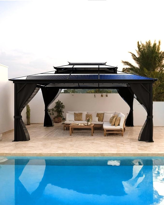 GarveeLife Hardtop Gazebo 10 ft x13 ft for All Weather, Double Polycarbonate Sheets Roof, Aluminum Alloy Frame, Net, and Curtain, Permanent Building for Patio, Deck, Backyard, Lawn, and Garden