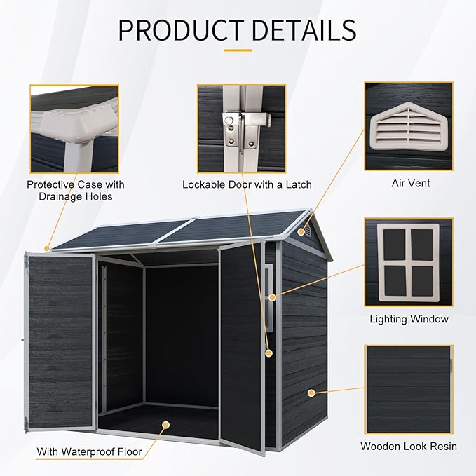 Storage Shed 8x6 ft Outdoor Resin Shed with Floor, Plastic Sheds with Two Windows and Lockable Double Door, Waterproof Garden Shed with Vents, Tool Sheds for Backyard, Patio, Lawn, Black