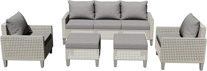 Outdoor Patio Furniture Set 7-Piece Modular Wicker Sectional Sofa with Ottomans and Thick Cushions, Modern Rattan Outdoor Conversation Couch for Garden Backyard, Grey