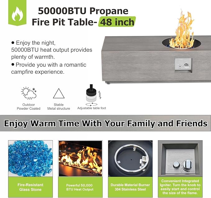 Outdoor Fire Pit Table Propane Gas Fire pits &Outdoor Fireplaces 48″ Rectangular Firepit Table, 50,000 BTU Fire Table for Patio Set, Sand