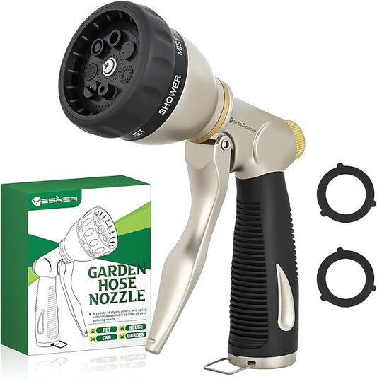 Yesker Garden Hose Nozzle, Water Hose Sprayer Nozzle Adjustable 7 Spray Patterns Heavy Duty Metal Water Nozzles for Hose Outdoor with Non-Slip Rubber Grip for Watering Plants Lawns Washing Cars Pets