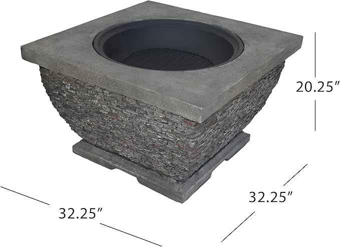 32 Inch Outdoor Fire Pit, Wood Burning Fire Pit for Patio with Spark Screen, Fire Poker, MGO Light-Weight Concrete Square Firepit for Camping, Backyard, Bonfire Party, Gray