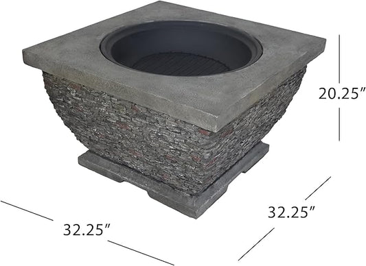 32 Inch Outdoor Fire Pit, Wood Burning Fire Pit for Patio with Spark Screen, Fire Poker, MGO Light-Weight Concrete Square Firepit for Camping, Backyard, Bonfire Party, Gray