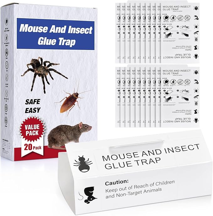 Mouse & Bugs Roach Spider Insect Traps, 20 Pack Glue Traps for Mice Ant Snake Rats, Sticky Pest Control Adhesive Tray for Catching, Sesame Oil Scent Non Toxic Pre-Baited Glue Boards Indoor Home