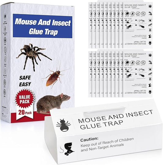 Mouse & Bugs Roach Spider Insect Traps, 20 Pack Glue Traps for Mice Ant Snake Rats, Sticky Pest Control Adhesive Tray for Catching, Sesame Oil Scent Non Toxic Pre-Baited Glue Boards Indoor Home