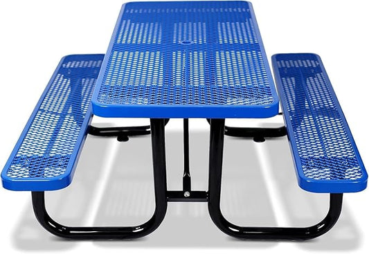 Rueekfil 72" Thermoplastic Picnic Table with Umbrella Hole up to 1.5", Heavy Duty Commercial Picnic Table for Outdoor, Family & Party Ready for School Camping, Rectangular, Blue