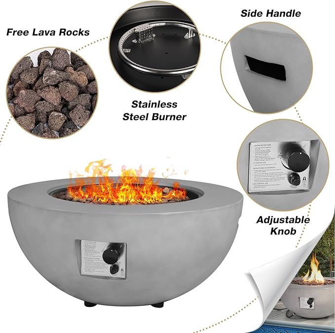 31.5" Round Propane Fire Pit Table,50,000 BTU Outdoor Gas Fire Table with Tank Cover & Lid,Gray Concrete Firepit for Patio,Backyard,Garden and Pool