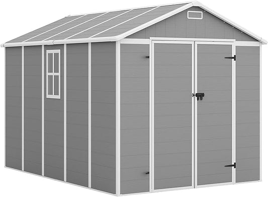 Amopatio 10x8 FT Storage Shed, Resin Shed with Floor Included, Plastic Sheds Outdoor Storage for Bike, Garden Tools, Sheds & Outdoor Storage with Lockable Door, Window & Vents, Grey & White