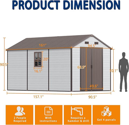 8x14 FT Resin Outdoor Storage Shed with Floor, Weather-Resistant Plastic Garden Shed with Windows, Lockable Door and Vents, Outside Tool Storage Sheds for Backyard, Garden, Lawn, Brown