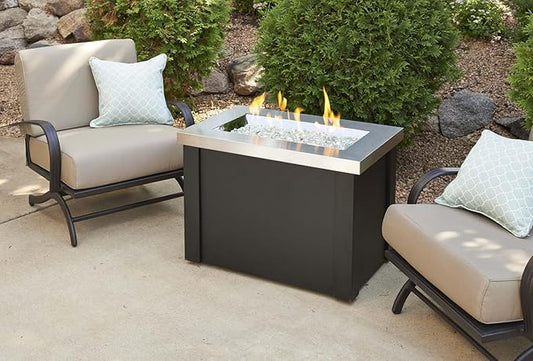 Outdoor GreatRoom Co Propane Fire Pit Table - Providence Gas Fire Pits for Outside Patio - 32 Inch Rectangular Stainless Steel Top Firepit Fire Table, Glass Tabletop Cover, Metal Base, 55,000 BTU