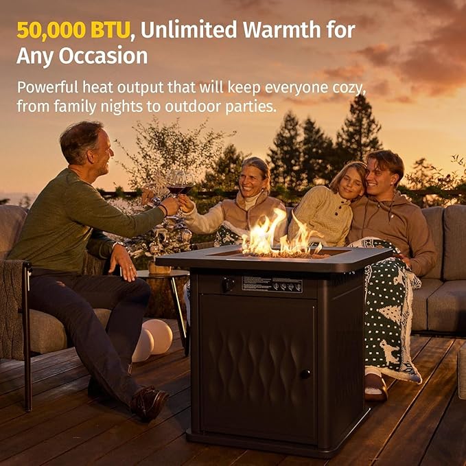 28" Outdoor Propane Fire Pit Table | 50,000 BTU Gas Fire Pit Table for Outside with Magnetic Lid | Storage Basket & Lava Rocks | CSA Certified for Patio, Garden & Backyard | Black