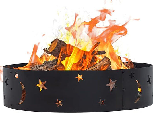 Sunnydaze 36-Inch Outdoor Fire Ring - Portable Metal Fire Pit Ring for Camping or Backyard - 360-Degree Moons and Stars Cutout - Big Sky