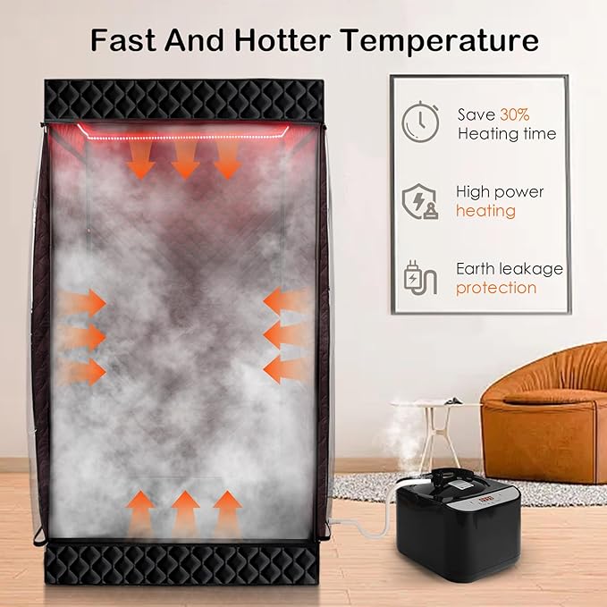 New UpgradeRed Light Sauna Box for Relaxation,Detoxification,Portable Steam Sauna for Home with XL Steamer,16 Levels, 75”x 40”x40”，Double Doors，Larger Folding Chair, Gym-Black， (Black)