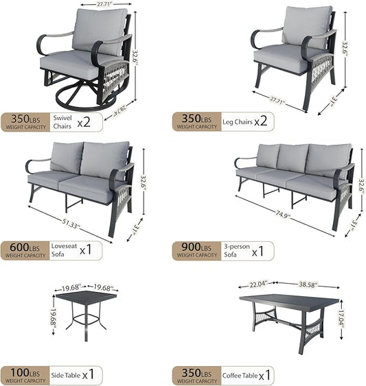 8 Pieces Patio Conversation Sets, All Weather Metal Outdoor Furniture Set Includes 3-Seater 2 Swivel Rockers with Side Table and Loveseat with Coffee Table 2 Single Chairs for Backyard Poolside, Gray